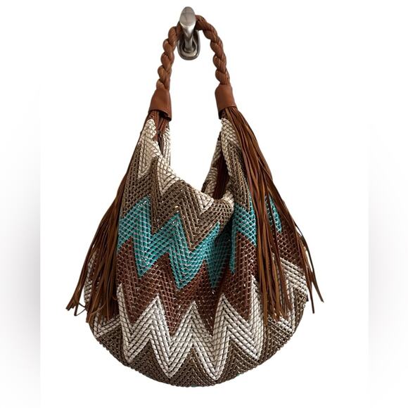 Big Buddha boho chic teal & brown medium chevron hobo with fringe - Picture 4 of 8